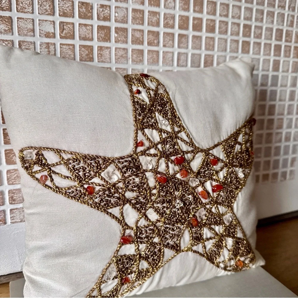Pottery Bane Gold Star Embellished Ivory Throw Pillow